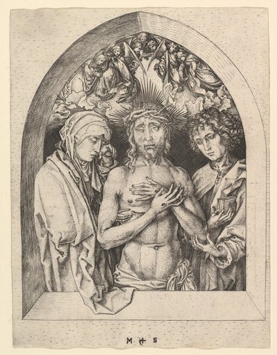 Kristus surujen miehenä Neitsyen ja Pyhän Johanneksen kanssa, n. 1435-1491. tekijältä Martin Schongauer