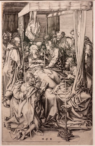 Kaiverrus paperille. Neitsyen kuolema. Martin Schongauer. Noin 1470-1491. (kaiverrus paperille) tekijältä Martin Schongauer