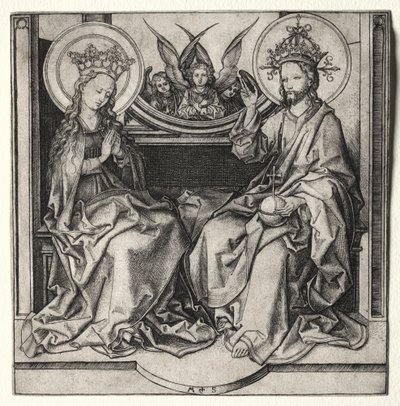 Isä Jumala ja Siunattu Neitsyt valtaistuimella Enkelit osallistuvat, n. 1480-90. tekijältä Martin Schongauer