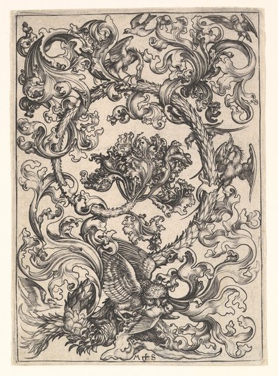 Ornamentti pöllöllä, jota päivälinnut pilkkaavat, n. 1435-1491. tekijältä Martin Schongauer