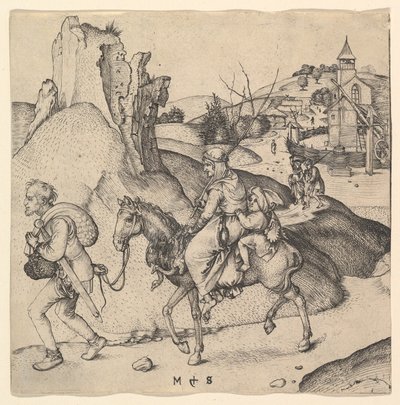 Talonpoikaperhe menossa torille, n. 1435-1491. tekijältä Martin Schongauer