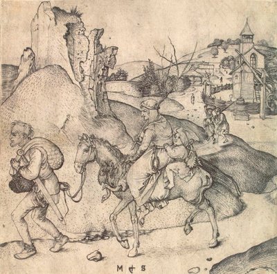 Talonpoikaperhe menossa torille, vuosina 1473-1475. tekijältä Martin Schongauer