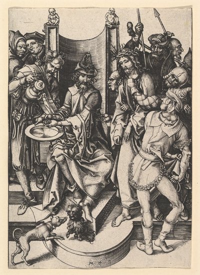 Pilatus pesee kätensä, n. 1435-1491. tekijältä Martin Schongauer