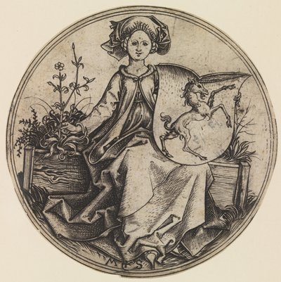 Istuva nainen pitelee kilpiä yksisarvisen kanssa, n. 1435-1491, n. 1435-1491. tekijältä Martin Schongauer
