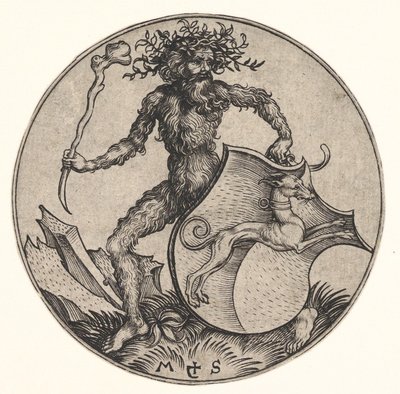 Kilpi vinttikoiran kanssa Held by Wild Man, n. 1435-1491. tekijältä Martin Schongauer