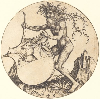 Kilpi polttarin kanssa, hallussaan Wild Man tekijältä Martin Schongauer
