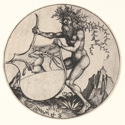 Shield with Stag Held by Wild Man, n. 1435-1491. tekijältä Martin Schongauer