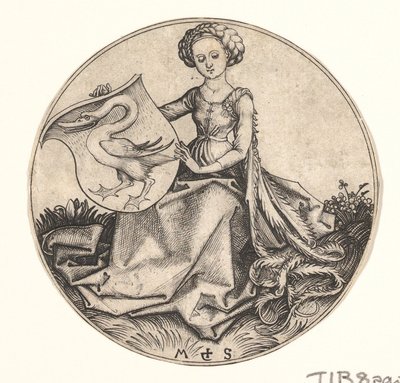 Shield with Swan Held by Woman, n. 1435-1491. tekijältä Martin Schongauer