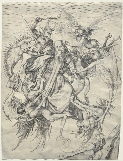 Paholaisten kiusaama Pyhä Antonius, 1400-luku. tekijältä Martin Schongauer