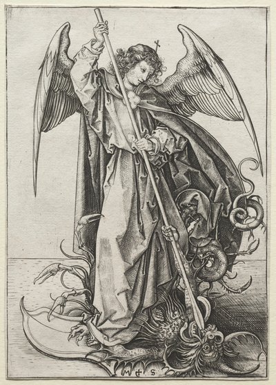 Arkkienkeli Mikael lävistää lohikäärmeen, n. 1475. tekijältä Martin Schongauer