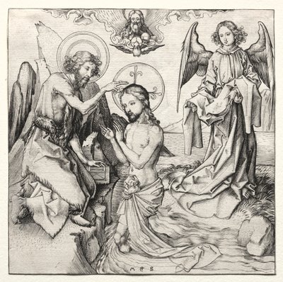 Kristuksen kaste Jordanissa, n. 1480-90. tekijältä Martin Schongauer