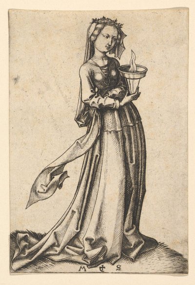 Neljäs viisas neitsyt, sarjasta The Wise and Foolish Virgins, n. 1435-1491. tekijältä Martin Schongauer