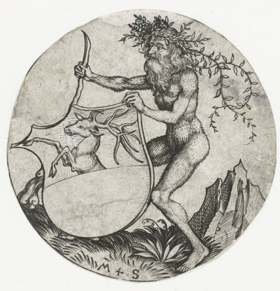 Vaakuna peuran kanssa, jota pitelee villi mies mailalla Figuurit, joissa on vaakuna (sarjan nimi) tekijältä Martin Schongauer