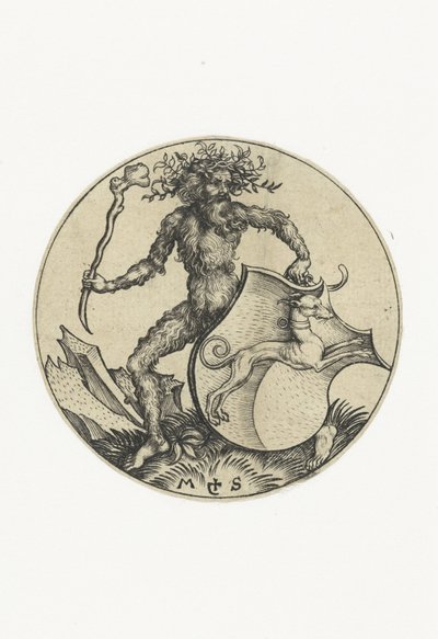 Vaakuna koiran kanssa, jota pitelee villi mies mailalla Figuurit, joissa on vaakuna (sarjan nimi) tekijältä Martin Schongauer
