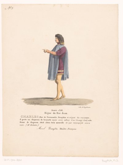 Kostuum van de dauphin Karel van Valois uit de tragedie Marcel Charles, Normandian herttua (otsikko esineessä) Theaterkostuums (sarjan nimi) Ranskalainen teatteri: MM:n pukukokoelma. J. Alaux ja L. Duponchel käsikirjoituksista Bibliotissa tekijältä Martin Sylvestre Baptiste