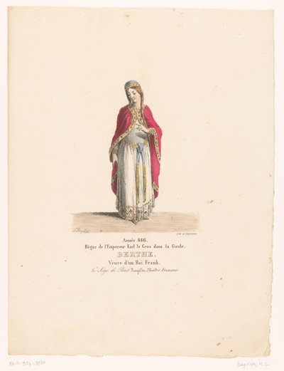 Kostuum van koningin Berthe uit de tragedie The Siege of Paris Berthe (otsikko esineessä) Theaterkostuums (sarjan nimi) Ranskalainen teatteri: MM:n pukukokoelma. J. Alaux ja L. Duponchel Bibliothèque de la Comédie -kirjaston käsikirjoituspiirrosten peruste tekijältä Martin Sylvestre Baptiste