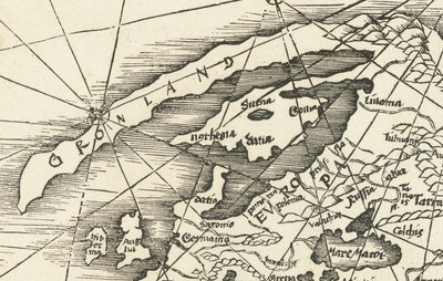 Pohjanmeren kartta vuodelta 1513, jossa Grönlanti on yhteydessä Skandinaviaan. tekijältä Martin Waldseemuller