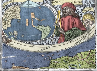 VESPUCCI, Amerigo (1454-1512). Italialainen tutkimusmatkailija ja kartografia "Waldseemuller-kartassa tai Universalis Cosmographia - (Universal Cosmography) - Waldseemuller Planisphere" - 1507 - tekijältä Martin Waldseemuller