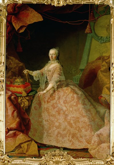 Keisarinna Maria Theresia Brysselin pitsistä tehdyssä kaapussa, joka oli lahja Flanderin kartanoista... (öljy kankaalle) tekijältä Martin van Mytens or Meytens