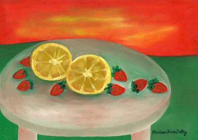 Früchte auf dem kleinen Gartentisch in der Morgensonne tekijältä Martina Konitzky