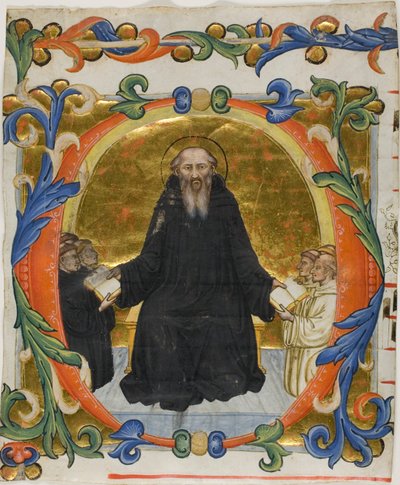 Pyhä Benedictus esittelee sääntönsä benediktiiniläisille ja kystertsiläisille munkeille historioidulla alkukirjaimella "O" kuorokirjasta tekijältä Martino di Bartolomeo di Biagio
