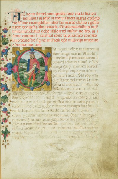 Historioitu alkukirjain C, joka kuvaa Profeetta Danielia maisemassa, n. 1471 tekijältä Martino di Giorgio da Modena
