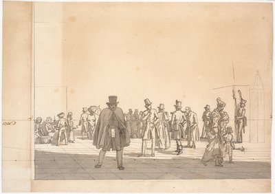 Esiselvitys maalauksesta "Arrestbygningen at the Council and Courthouse". tekijältä Martinus Rørbye