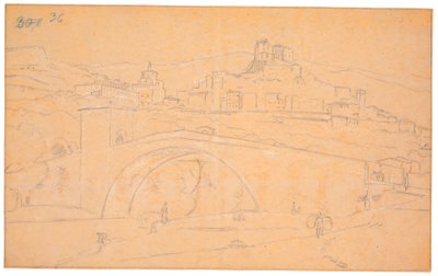 Paisatge italià amb un pont sobre un riu i el poble de Subiaco al fons tekijältä Martinus Rørbye