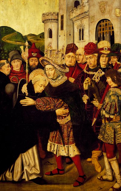 Kastilian kuningas Ferdinand I vastaanottaa Pyhän Dominikin Siilolaisen tekijältä Martín Bernat