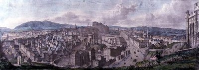 Näkymä Calton Hillin huipulta Nelsonin muistomerkin luota länteen, kaiverrettu William Westallin (1781-1850) toimesta ja painettu Charles Joseph Hullmandelin (1789-1850) toimesta 1828 (värikaiverrus). tekijältä Mary (after) Stuart