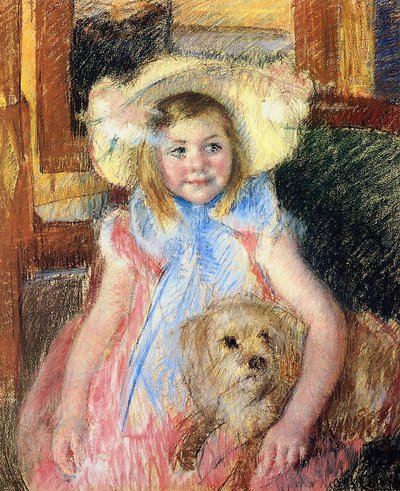 Sara suuressa kukkahatussa, näyttää oikealta, pitelee koiraansa, n. 1901 (pastelli paperille) tekijältä Mary Cassatt