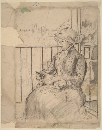Susan parvekkeella koira sylissään [etupuoli] tekijältä Mary Cassatt