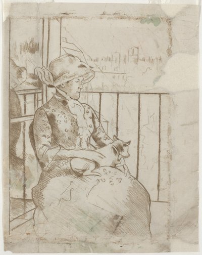 Susan parvekkeella pitelemässä koiraa [verso], n. 1883. tekijältä Mary Cassatt