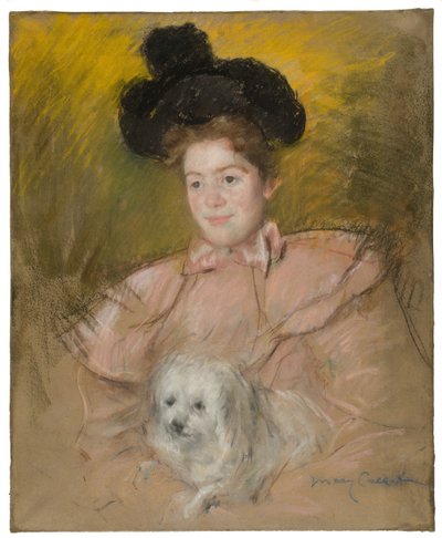 Nainen vadelmapuvussa pitelemässä koiraa, c. 1901. tekijältä Mary Cassatt