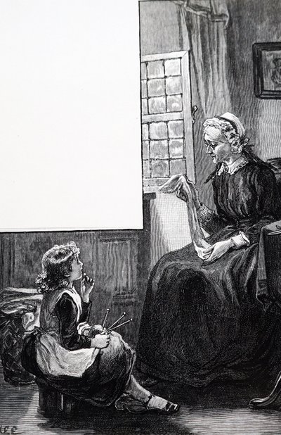 Isoäiti tutkii lapsen ponnisteluja neuletyössä tekijältä Mary Ellen Edwards