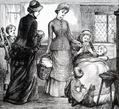 Nainen antaa lahjoja köyhälle mökille. Kirjailija Mary Ellen Edwards (1838-1934), englantilainen taiteilija tekijältä Mary Ellen Edwards