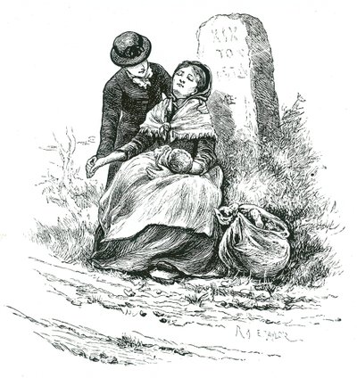 Köyhä, naimaton äiti löydettiin uupuneena matkalla työtaloon vauvansa kanssa. Kohtaus, joka muistuttaa Thomas Hardyn romaania, mutta ei harvinaista maaseudulla kaikkialla maassa. Kuvitus Mary Ellen Edwards c1881. tekijältä Mary Ellen Edwards
