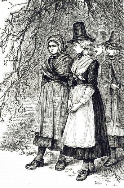 Kaiverrus, joka kuvaa walesilaisia tyttöjä Hollantiden messuilla, vuokrausmessuilla, jotka odottavat palkkaamista kotitalouspalvelijoiksi. Kuvittanut Mary Ellen Edwards (1838-1934), englantilainen taiteilija ja lastenkirjojen kuvittaja tekijältä Mary Ellen Edwards