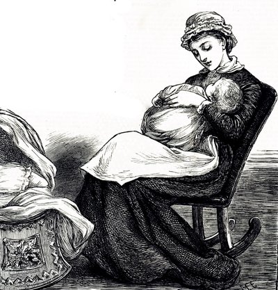 Kaiverrus, jossa äiti keinuttaa vauvaansa. Kuvitettu Mary Ellen Edwards (1838-1934), englantilainen taiteilija ja tuottelias lastenkirjojen kuvittaja tekijältä Mary Ellen Edwards