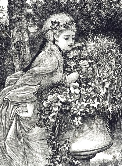 Kaiverrus, joka kuvaa nuorta tyttöä, joka haistaa kukkia puutarhauurnassa. Kuvittanut Mary Ellen Edwards (1838-1934), englantilainen taiteilija ja lastenkirjojen kuvittaja tekijältä Mary Ellen Edwards