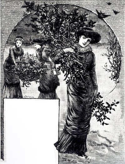 Kaiverrus, joka kuvaa hollyn ja ikivihreän kokoelman joulukoristeita. Kuvittanut Mary Ellen Edwards (1838-1934), englantilainen taiteilija ja lastenkirjojen kuvittaja tekijältä Mary Ellen Edwards