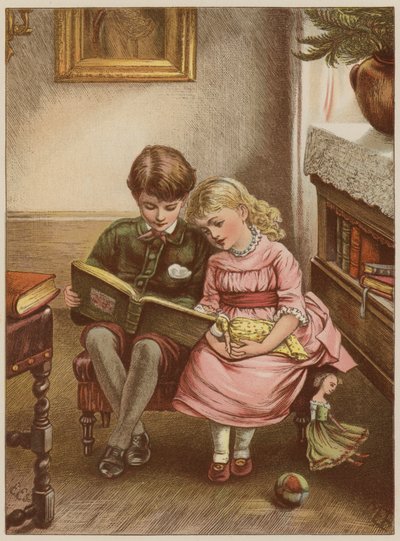 Poika ja tyttö lukevat kirjaa (chromolitho) tekijältä Mary Ellen Edwards