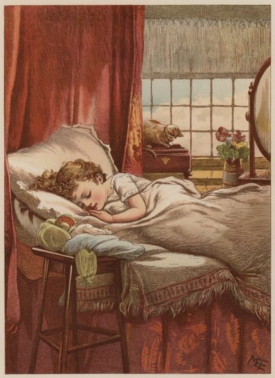 Lapsi nukkuu sängyssä (chromolitho) tekijältä Mary Ellen Edwards