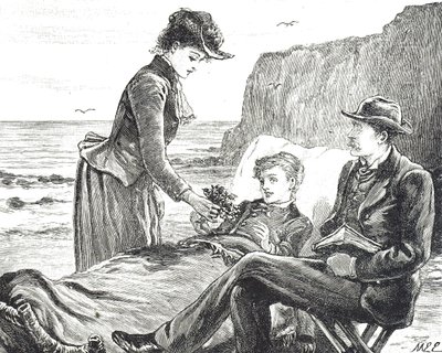 Kaiverrus, joka kuvaa rampaa poikaa meren rannalla tekijältä Mary Ellen Edwards