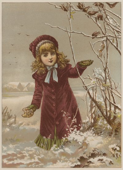 Tyttö vie leipää ruokkimaan lintuja lumessa (chromolitho) tekijältä Mary Ellen Edwards