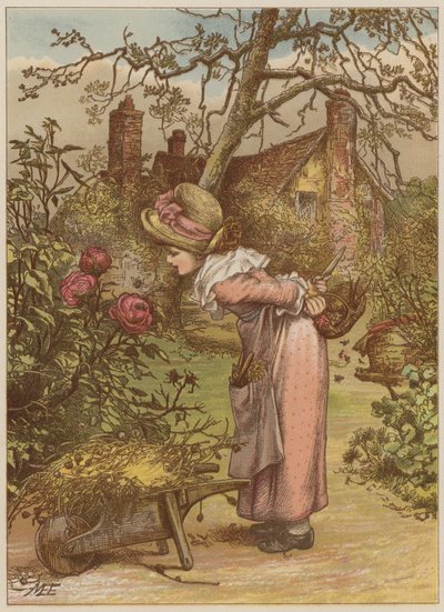 Tyttö katsomassa mehiläistä puutarhassa (chromolitho) tekijältä Mary Ellen Edwards