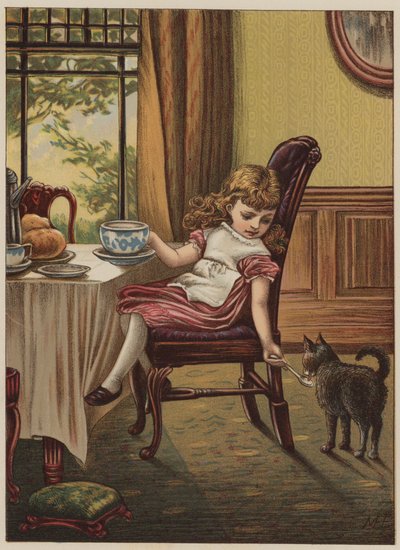 Tyttö mustalla kissalla (chromolitho) tekijältä Mary Ellen Edwards