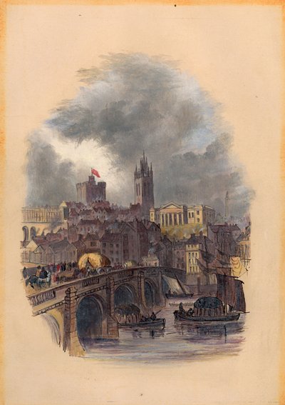 Old Tyne Bridge, Moot Hall, Pyhän Nikolauksen katedraali ja linna (muste ja wc paperilla) tekijältä Mary Jane Hancock