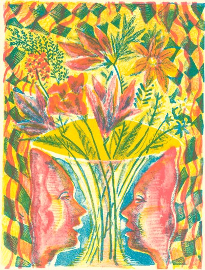 Kasvot ja kukat, 2015 (litografia) tekijältä Mary Kuper