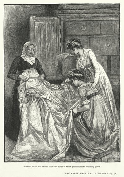 "Lisbeth pudisti heidän edessään heidän isoäitinsä hääpuvun laskokset" (kaiverrus) tekijältä Mary L. Gow